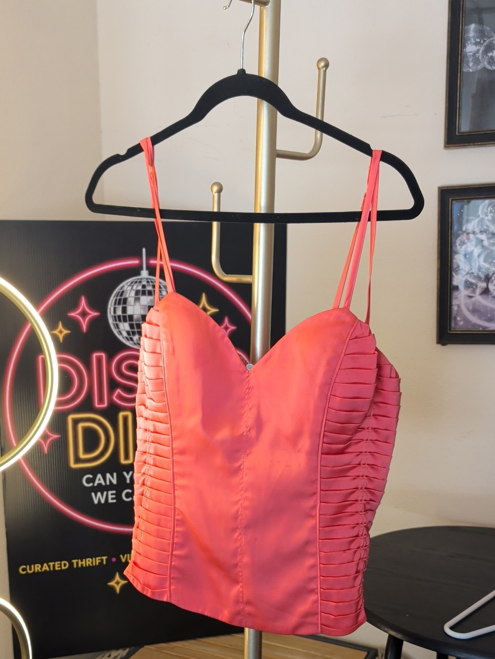 bebe Coral Pink Satin Bustier Camisole with Ruched Side Panels